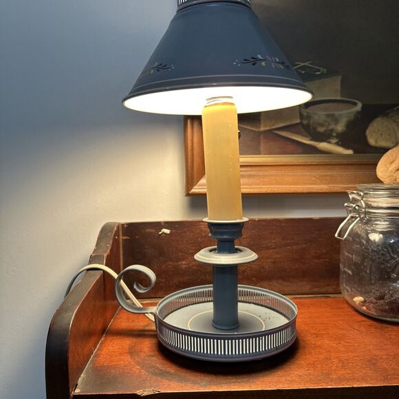 Vintage Toleware Blue And Gold Metal Lamp Pink Florals Cottagecore - Picture 2 of 8